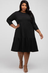 Black Tiered Ribbed 3/4 Sleeve Plus Midi Dress