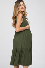 Olive Ribbed Tiered Maternity Midi Dress