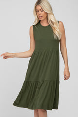 Olive Ribbed Tiered Midi Dress