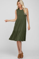 Olive Ribbed Tiered Maternity Midi Dress