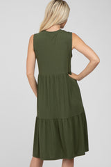 Olive Ribbed Tiered Midi Dress