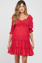 Red Floral Sweetheart Neck Ruffle Tiered Maternity Dress