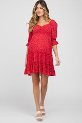 Red Floral Sweetheart Neck Ruffle Tiered Maternity Dress