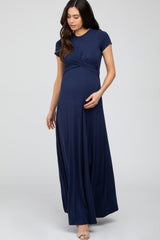 Navy Twist Front Maternity Maxi Dress