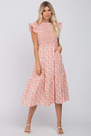 Pink Leaf Print Smocked Ruffle Sleeve Midi Dress