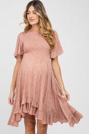 Mauve Floral Smocked Ruffle Maternity Dress