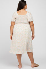 Cream Floral Smocked Square Neck Midi Dress