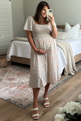 Cream Floral Smocked Square Neck Maternity Midi Dress