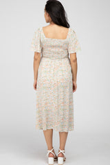 Cream Floral Smocked Square Neck Maternity Midi Dress