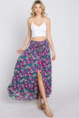 Fuchsia Floral Hi-Low Button Front Skirt