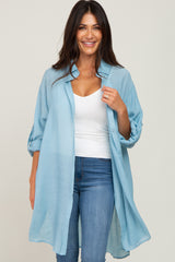 Light Blue Button Front Side Slit Oversized Blouse