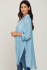 Light Blue Button Front Side Slit Oversized Blouse