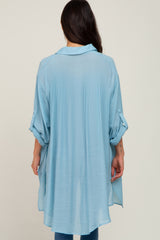 Light Blue Button Front Side Slit Oversized Blouse