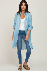 Light Blue Button Front Side Slit Oversized Maternity Blouse