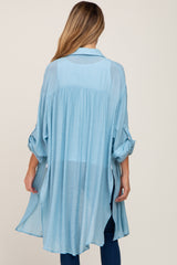 Light Blue Button Front Side Slit Oversized Maternity Blouse