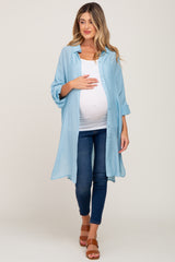 Light Blue Button Front Side Slit Oversized Maternity Blouse