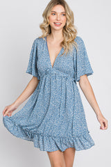 Blue Floral Ruffle Accent Cutout Dress