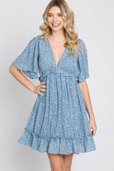 Blue Floral Ruffle Accent Cutout Dress