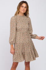 Beige Floral Shirred Mock Neck Maternity Dress