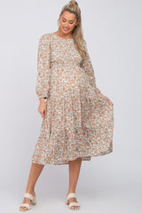 Cream Floral Smocked 3/4 Sleeve Maternity Midi Dress