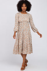 Cream Floral Smocked 3/4 Sleeve Maternity Midi Dress