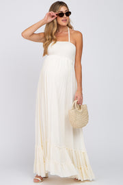 Cream Halter Neck Cut Out Maternity Maxi Dress