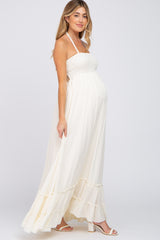 Cream Halter Neck Cut Out Maternity Maxi Dress