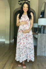 Pink Floral Chiffon Smocked Maternity Midi Dress