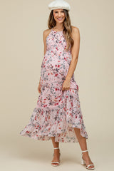 Pink Floral Chiffon Smocked Maternity Midi Dress