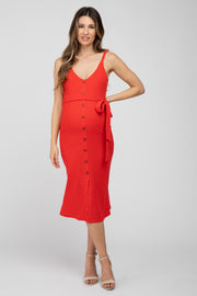 Red Ribbed Sash Tie Maternity Midi Dress