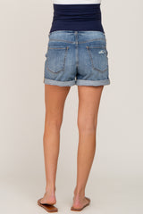 Blue Distressed Cuff Maternity Denim Shorts