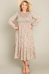 Cream Floral Smocked 3/4 Sleeve Plus Midi Dress