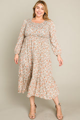 Cream Floral Smocked 3/4 Sleeve Plus Midi Dress