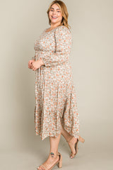 Cream Floral Smocked 3/4 Sleeve Plus Midi Dress