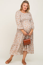 Cream Floral Smocked 3/4 Sleeve Maternity Plus Midi Dress