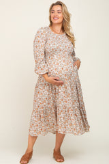 Cream Floral Smocked 3/4 Sleeve Maternity Plus Midi Dress