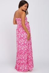 Magenta Floral Strapless Smocked Maternity Maxi Dress