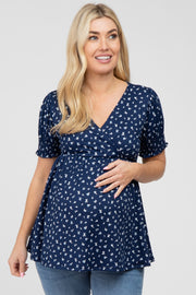 Navy Ditsy Floral Smocked Sleeve Maternity Wrap Top