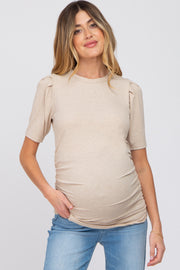 Beige Ribbed Puff Sleeve Ruched Maternity Top