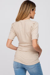 Beige Ribbed Puff Sleeve Ruched Maternity Top