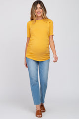 Yellow Ribbed Puff Sleeve Ruched Maternity Top