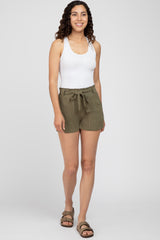 Olive Pinstriped Belted Maternity Shorts