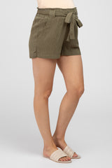 Olive Pinstriped Belted Maternity Shorts