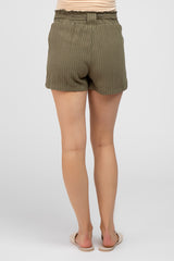 Olive Pinstriped Belted Maternity Shorts