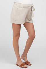 Beige Pinstriped Belted Maternity Shorts