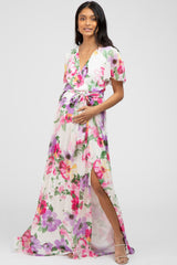 Pink Floral Chiffon Short Sleeve Side Slit Maternity Maxi Dress