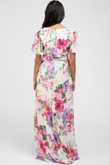 Pink Floral Chiffon Short Sleeve Side Slit Maternity Maxi Dress