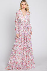 White Floral Chiffon Long Sleeve Pleated Maxi Dress