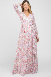 White Floral Chiffon Long Sleeve Pleated Maternity Maxi Dress