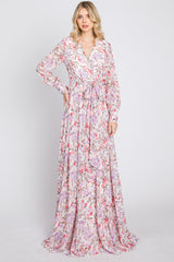 White Floral Chiffon Long Sleeve Pleated Maxi Dress